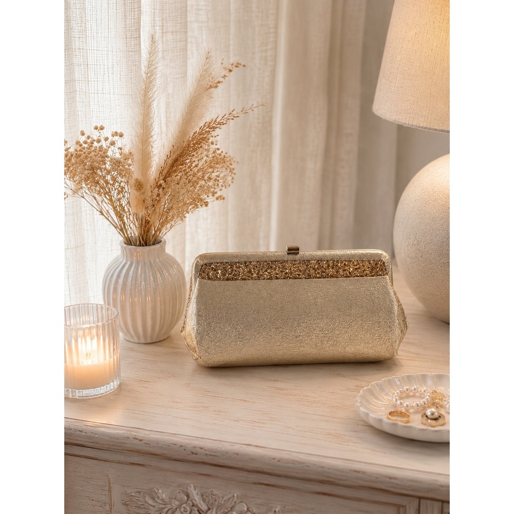 Vintage Gold Metallic Glitter Evening Clutch Bag with Chain Strap Kiss Lock